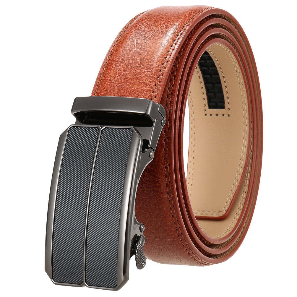 Ceinture homme Éloi 2 en cuir marron cognac avec boucle automatique rectangulaire en métal anthracite texturé.