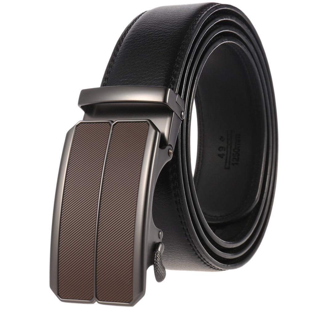 Ceinture homme Éloi 20 en cuir de vachette noir avec boucle automatique rectangulaire argentée et détail texturé marron #fullwidth
