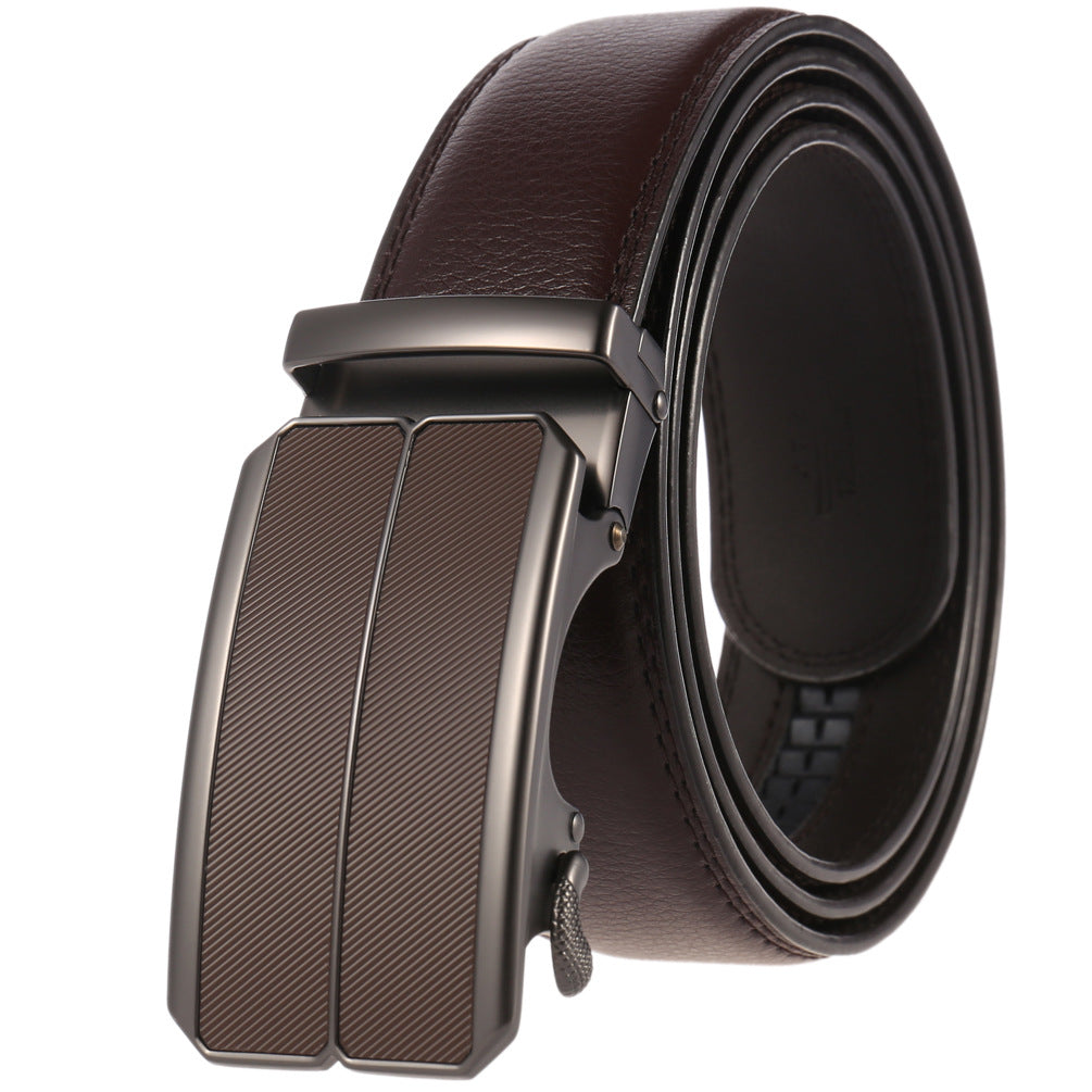 Ceinture homme Éloi 20 en cuir de vachette refendu marron avec boucle automatique rectangulaire grise et détails texturés