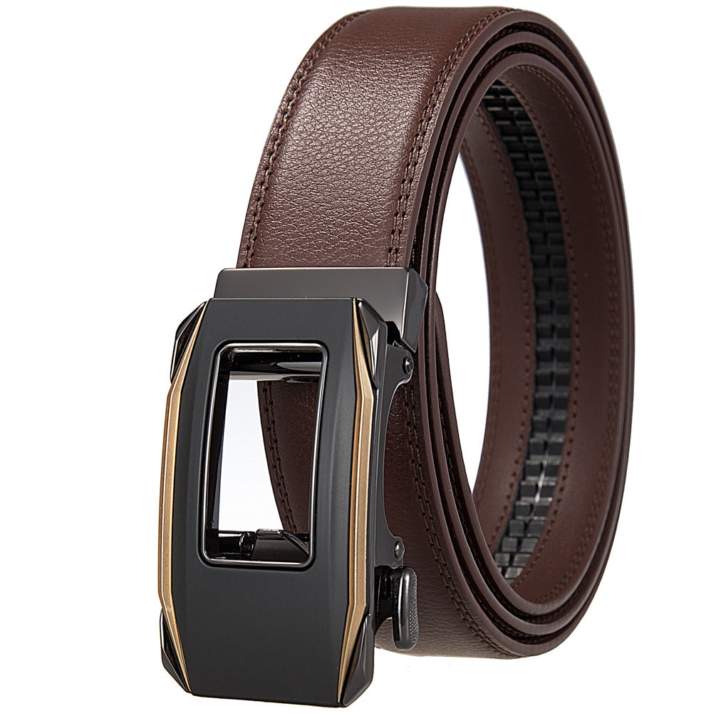 Ceinture Éloi Zen 20 pour homme en cuir marron avec boucle automatique rectangulaire noire et détails dorés.