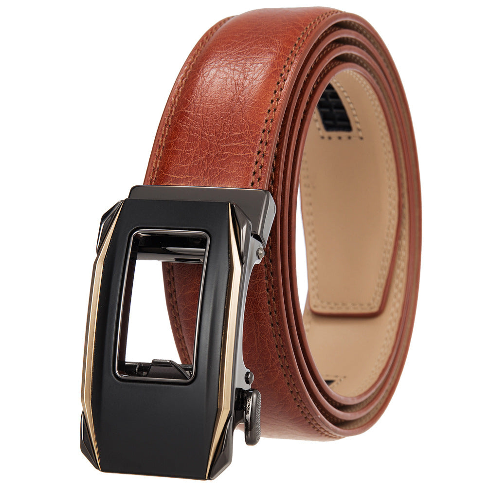 Ceinture homme Éloi Zen 60 en cuir marron clair avec boucle automatique rectangulaire noire et détails dorée et noire