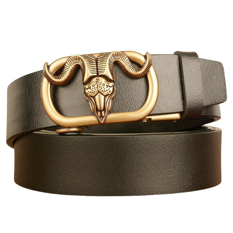 Ceinture pour homme Éloïs en cuir noir avec boucle automatique dorée ornée d'une tête de bélier ajourée.