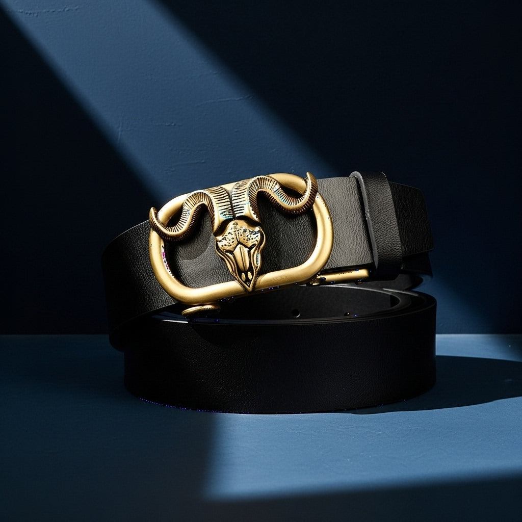 Ceinture homme Éloïs en cuir noir avec boucle automatique ovale dorée ornée d'une tête de bélier ajourée et de détails brillants, largeur 3,5 cm. #fullwidth