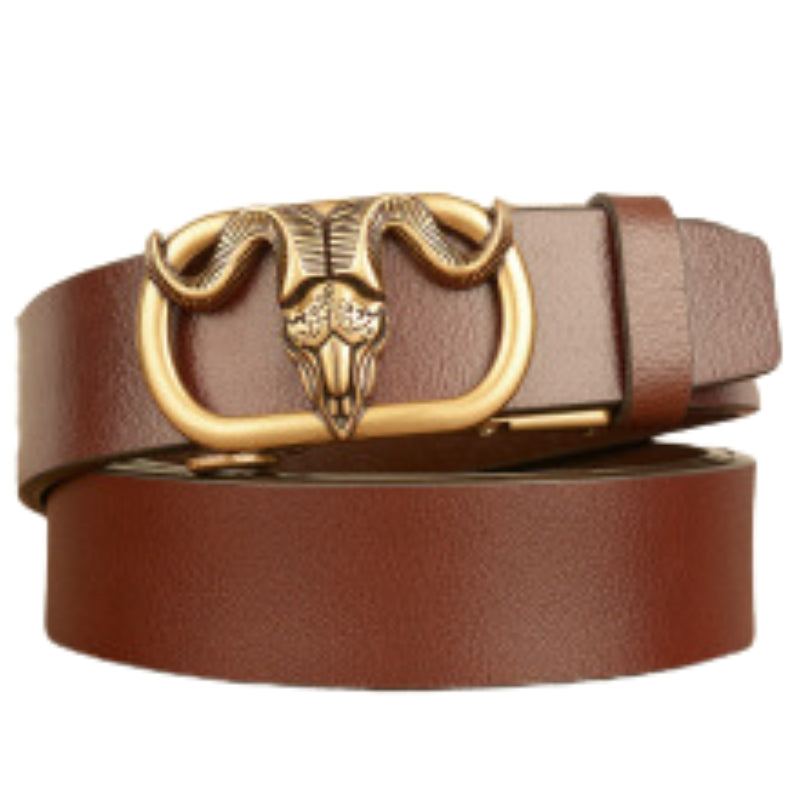 Ceinture pour homme Éloïs en cuir marron avec boucle automatique ovale dorée ornée d'une tête de bélier ajourée.