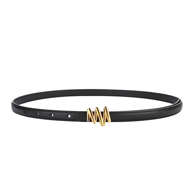 Ceinture fine noire pour femme Éloïse en cuir de vachette avec boucle dorée originale en zigzag