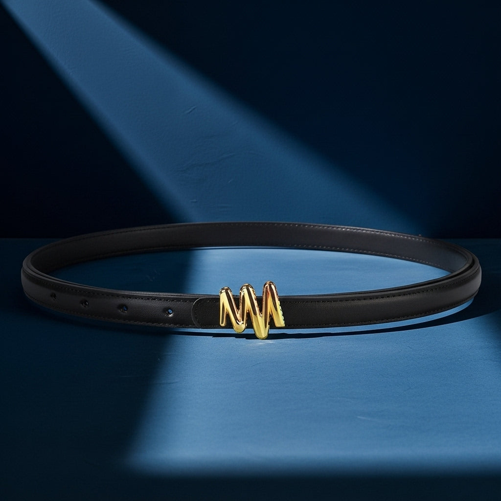 Ceinture fine noire Éloïse pour femme en cuir de vachette avec boucle dorée originale en zigzag, idéale pour affiner la silhouette. #fullwidth