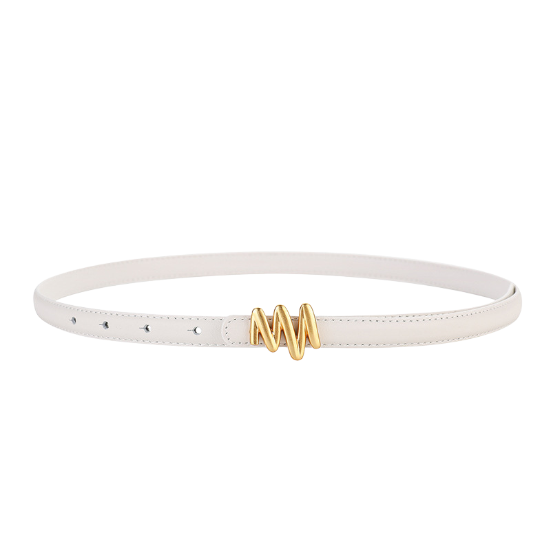 Ceinture fine blanche pour femme "Éloïse" en cuir de vachette avec boucle dorée originale en zigzag