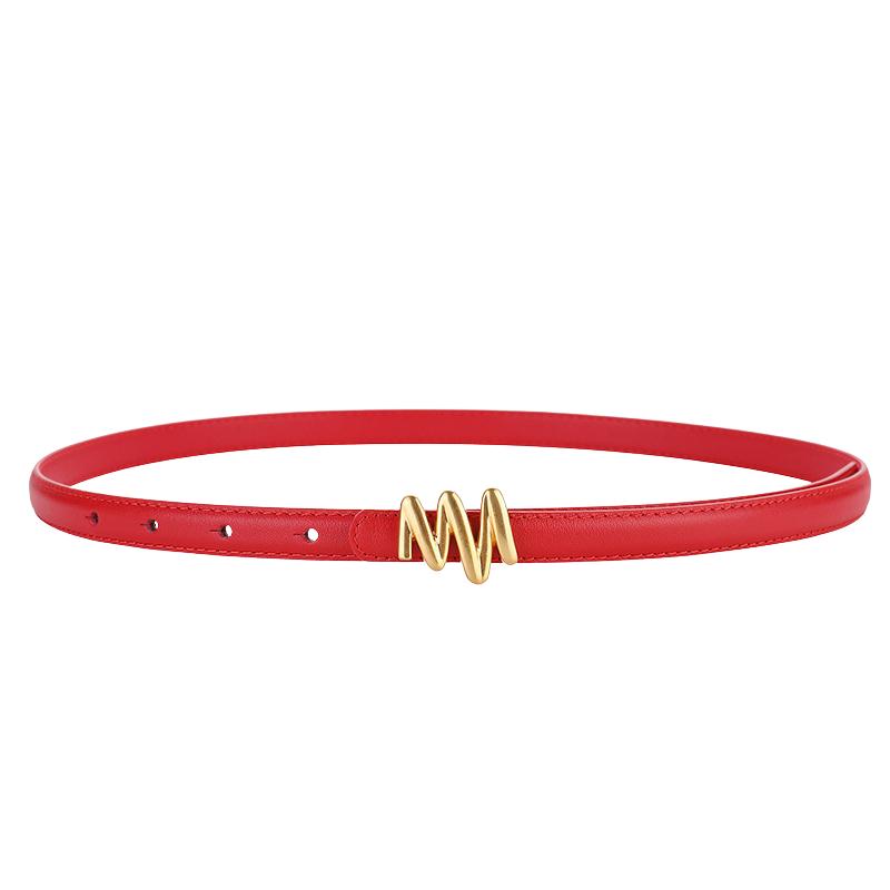 Ceinture fine rouge Éloïse en cuir de vachette avec boucle dorée originale en zigzag