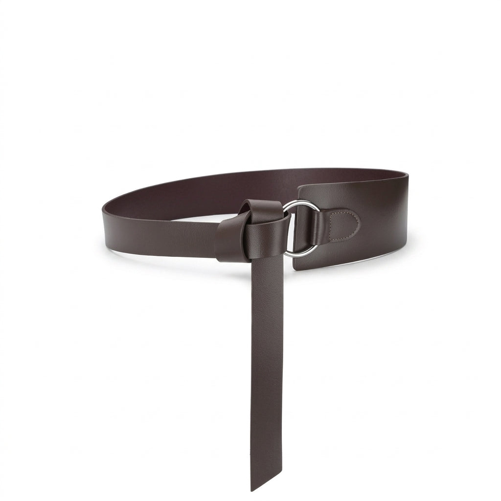 Ceinture serre-taille large Elvire en cuir marron lisse avec système de nouage réglable sur anneau métallique argenté