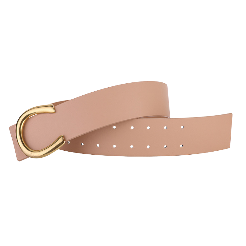 Ceinture Élyse beige en cuir refendu avec finition daim, large de 4,5 cm, ornée d'une boucle décorative dorée en forme de C.