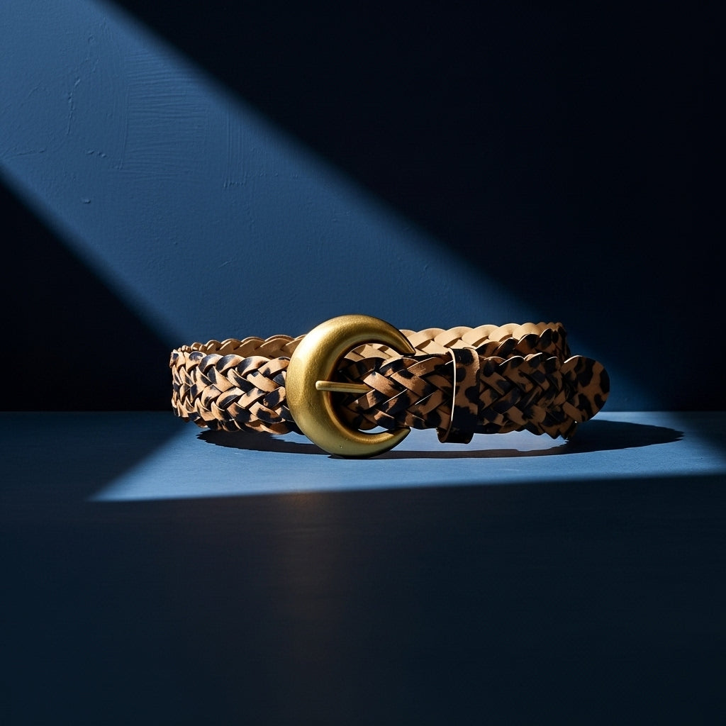 Ceinture fine Émeraude en simili cuir tressé avec un motif léopard discret et une boucle ardillon demi-lune dorée. #fullwidth