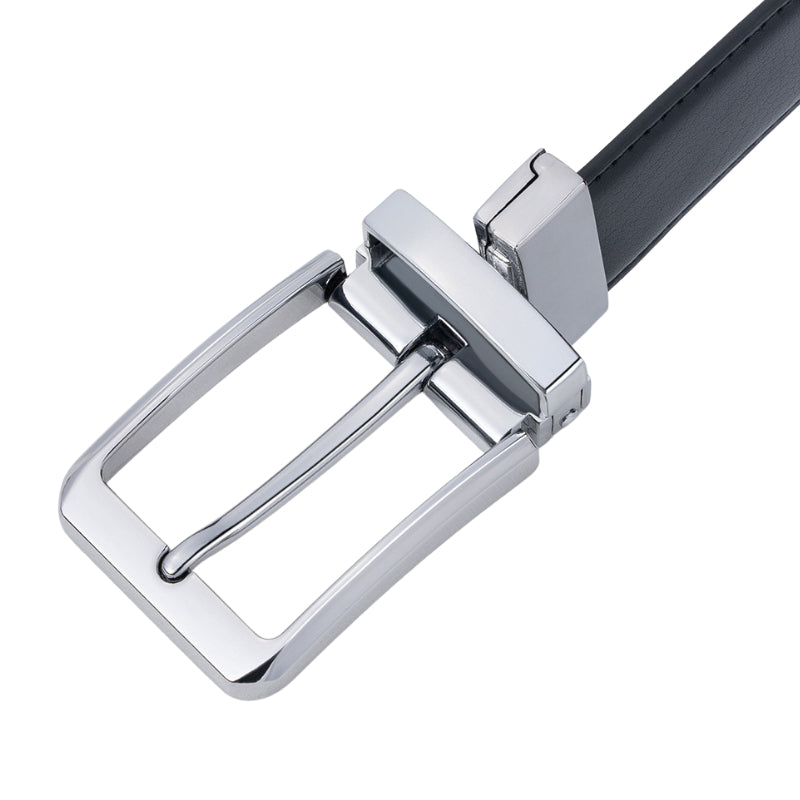 Ceinture Émeric 1 pour homme, avec une boucle ardillon rectangulaire en alliage argenté et une lanière en cuir noir réversible.