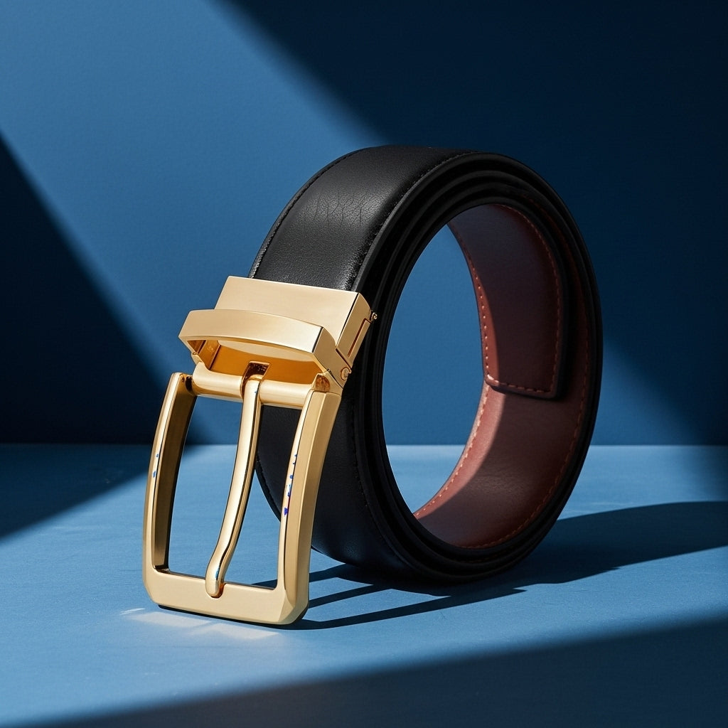 Ceinture Émeric 2 pour homme en cuir de vachette lisse noir, réversible avec une face intérieure marron, dotée d'une boucle ardillon rectangulaire dorée. #fullwidth