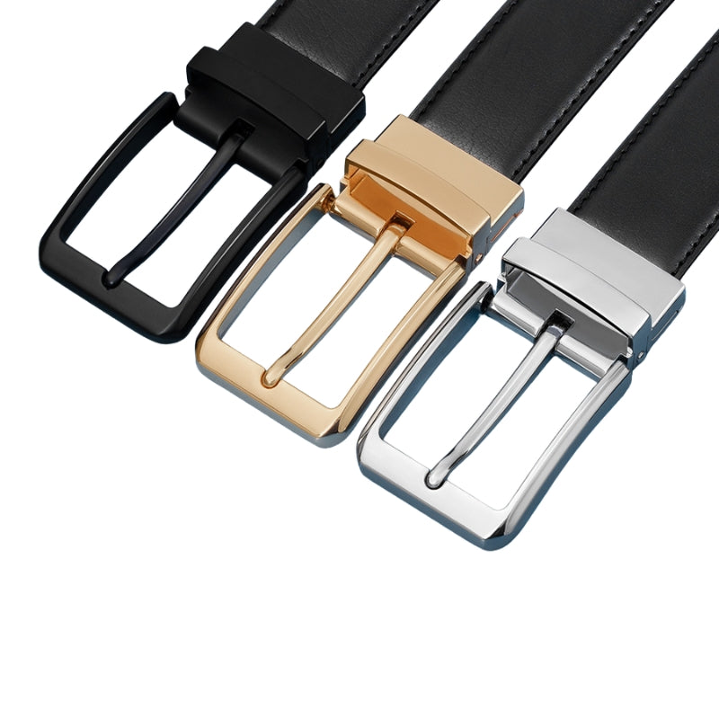 Trois ceintures pour homme Émeric 3 avec boucles rectangulaires ardillon, une boucle noire, une boucle dorée et une boucle argentée, sur fond blanc.