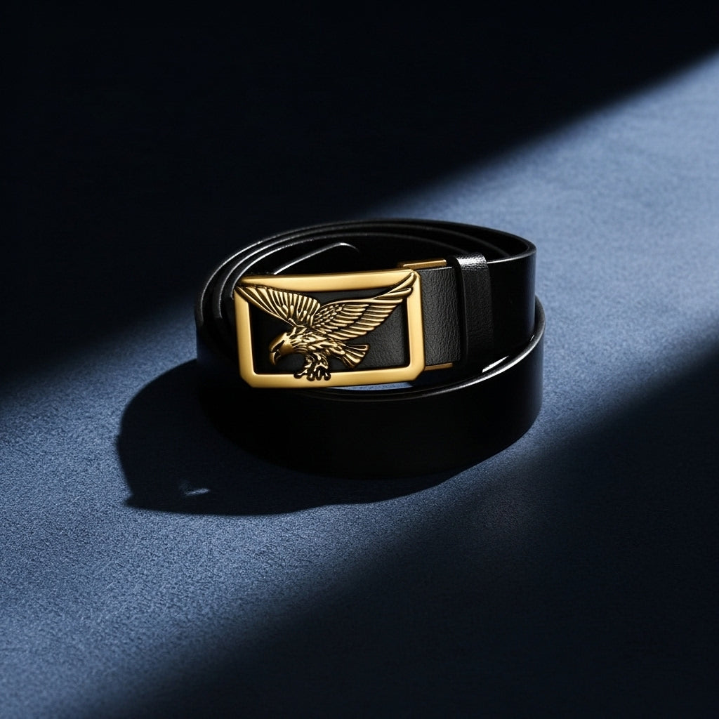Ceinture homme Émeric en cuir noir avec boucle rectangulaire dorée ornée d'un aigle en relief. #fullwidth