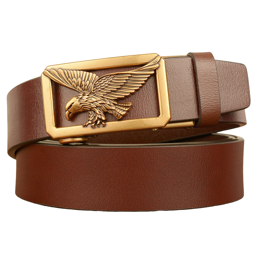 Ceinture homme Émeric en cuir marron avec boucle rectangulaire dorée ornée d'un aigle en relief.
