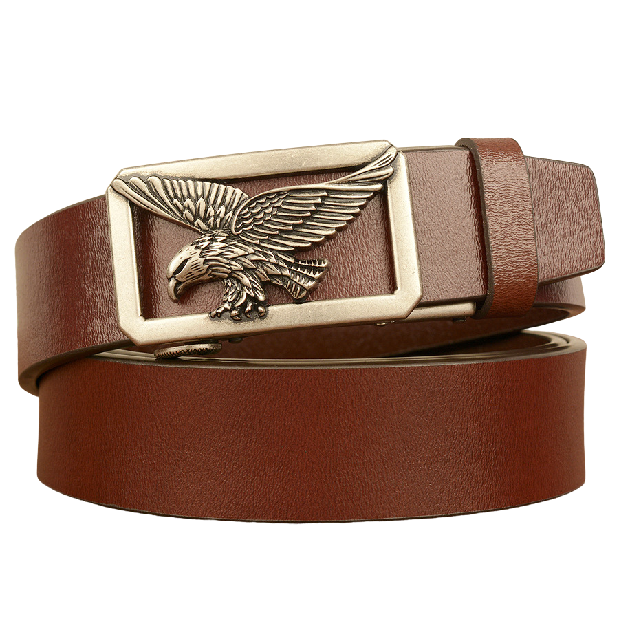 Ceinture homme Émeric en cuir de vachette marron avec une boucle rectangulaire argentée ornée d'un aigle en relief. Largeur de 3,5 cm, style rétro.