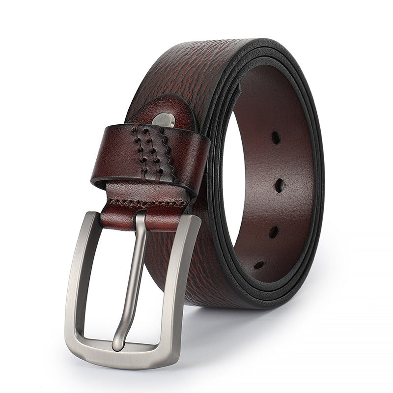 Ceinture homme Émile Bleu 3 en cuir de vachette marron texturé, boucle ardillon rectangulaire argentée