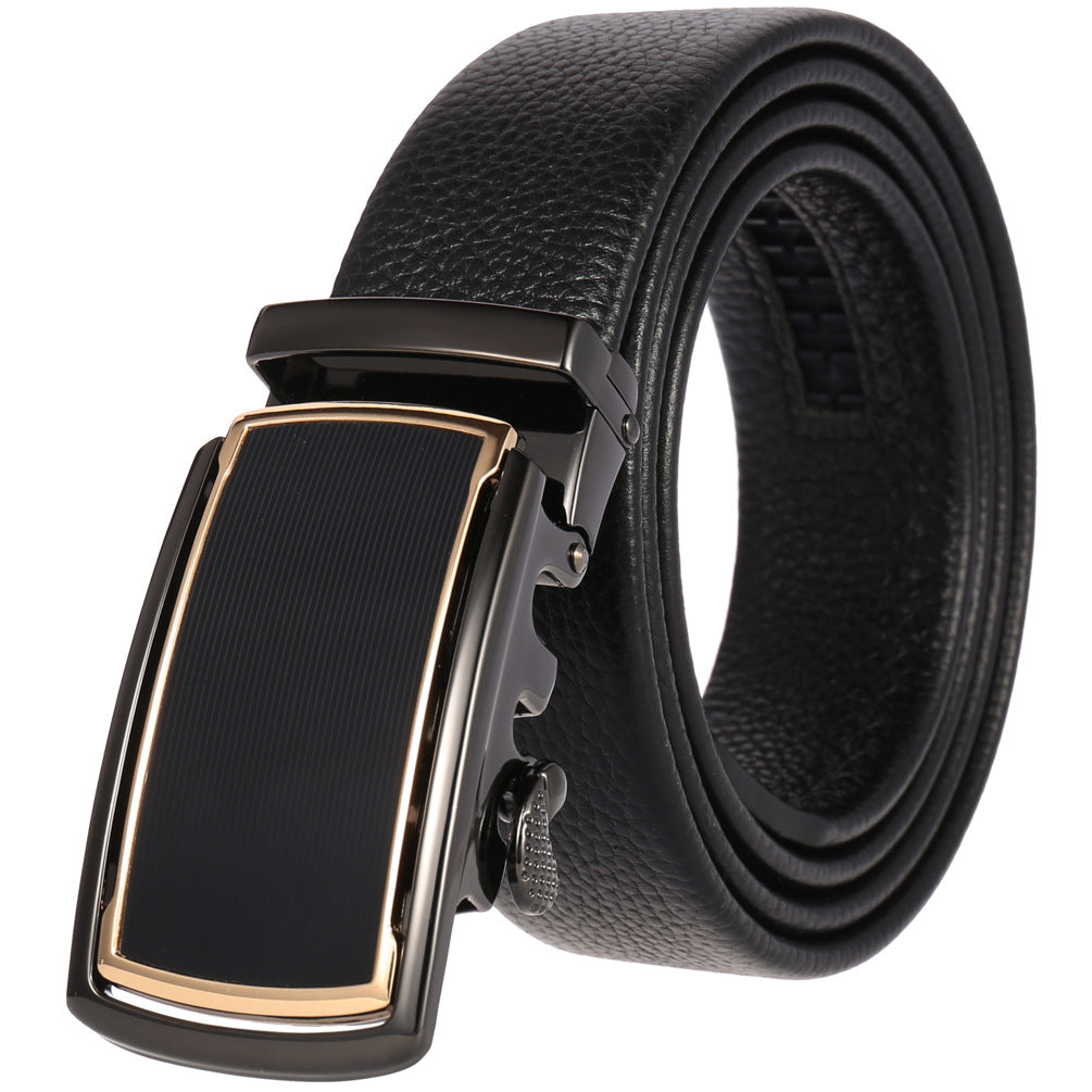 Ceinture Émile Or pour homme en cuir noir texturé avec boucle automatique rectangulaire argentée et dorée.