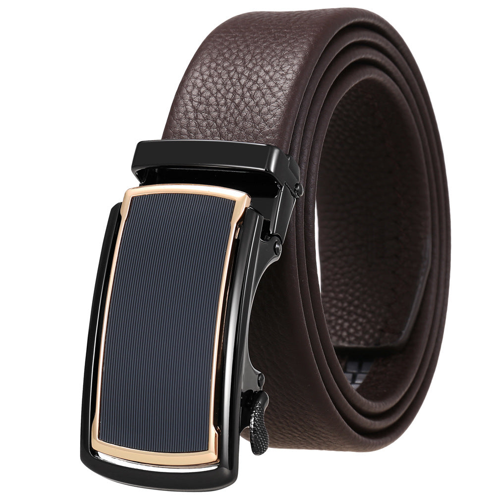 Ceinture Émile Or pour homme en cuir marron avec boucle automatique rectangulaire dorée et argentée, finition texturée sur la lanière
