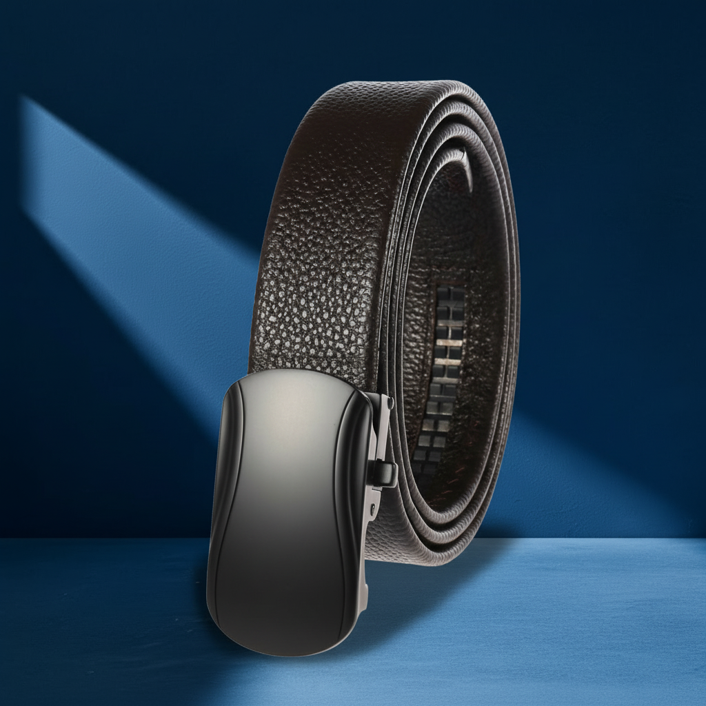 Ceinture Émilee en cuir refendu marron avec boucle automatique rectangulaire noire mate #fullwidth