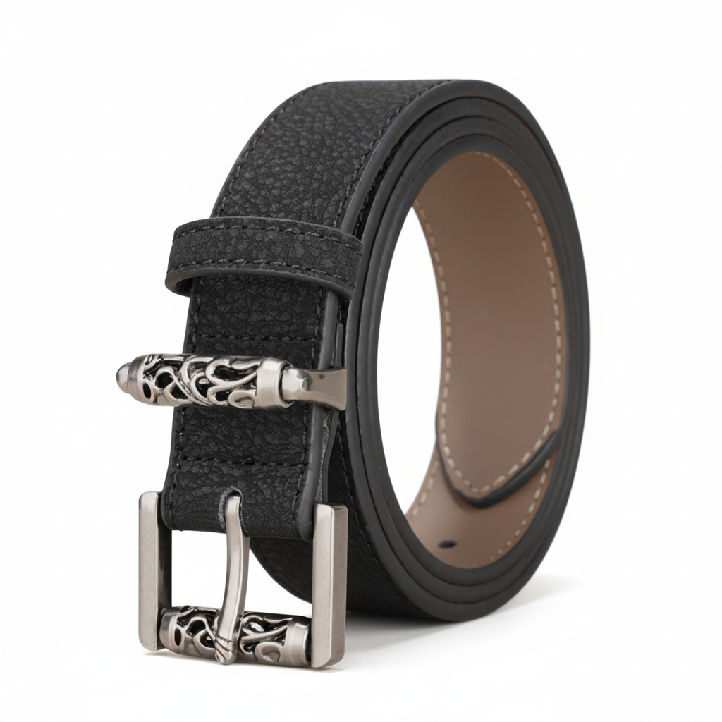 Ceinture femme Enchanteresse noire en cuir de vachette texturé avec boucle rectangulaire argentée ornée de motifs travaillés