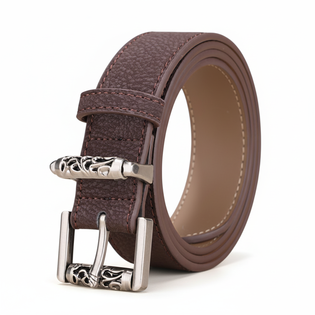 Ceinture pour femme Enchanteresse en cuir de vachette bordeaux avec boucle rectangulaire argentée ornée de motifs vintage