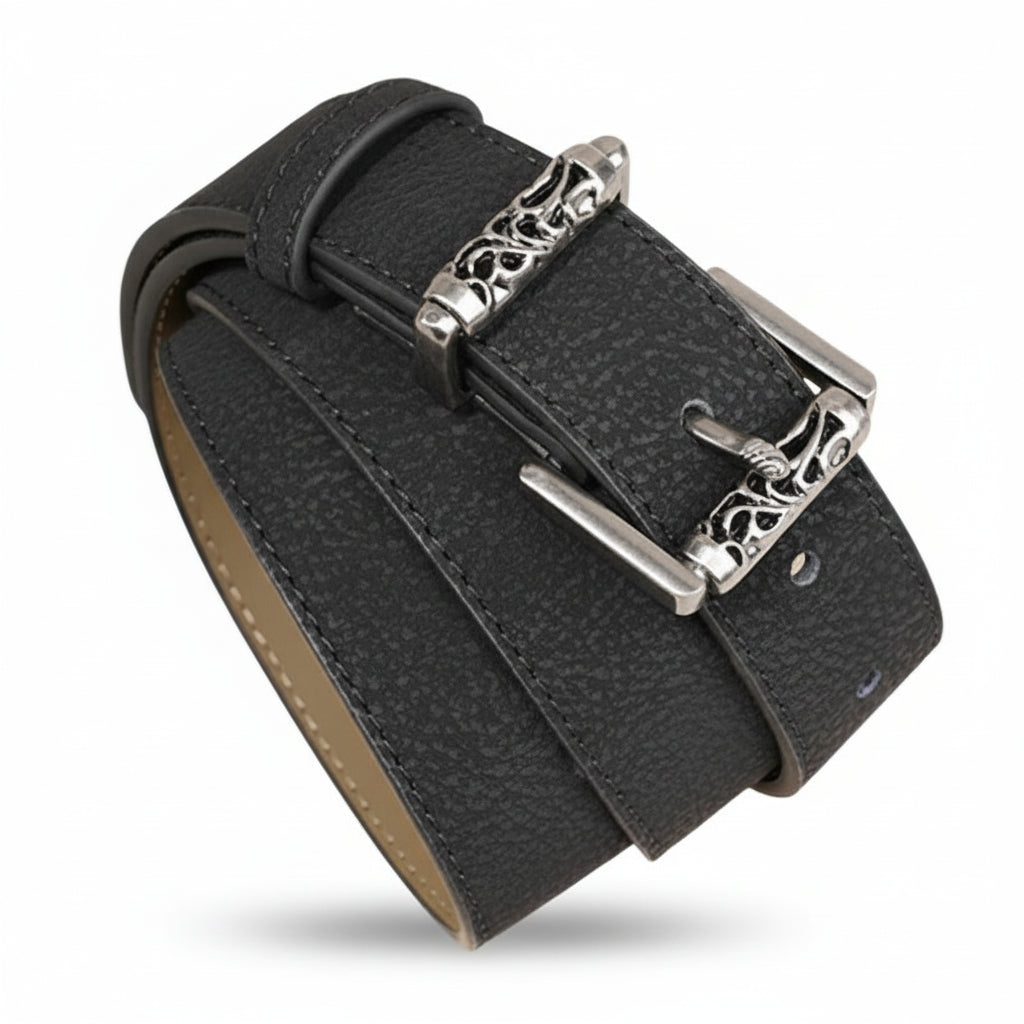 Ceinture femme Enchanteresse noire en cuir de vachette texturé avec boucle rectangulaire argentée au design rétro.
