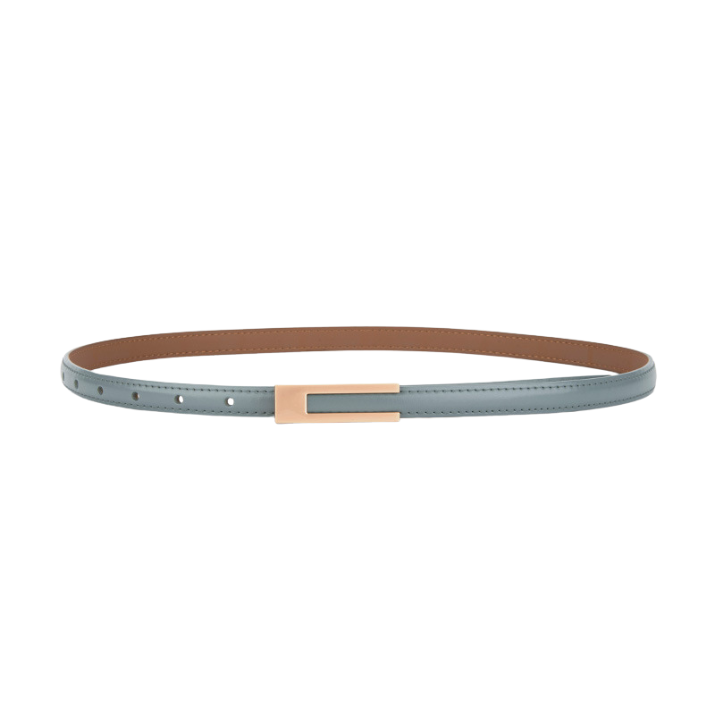 Ceinture fine Énora en cuir bleu gris avec boucle rectangulaire dorée