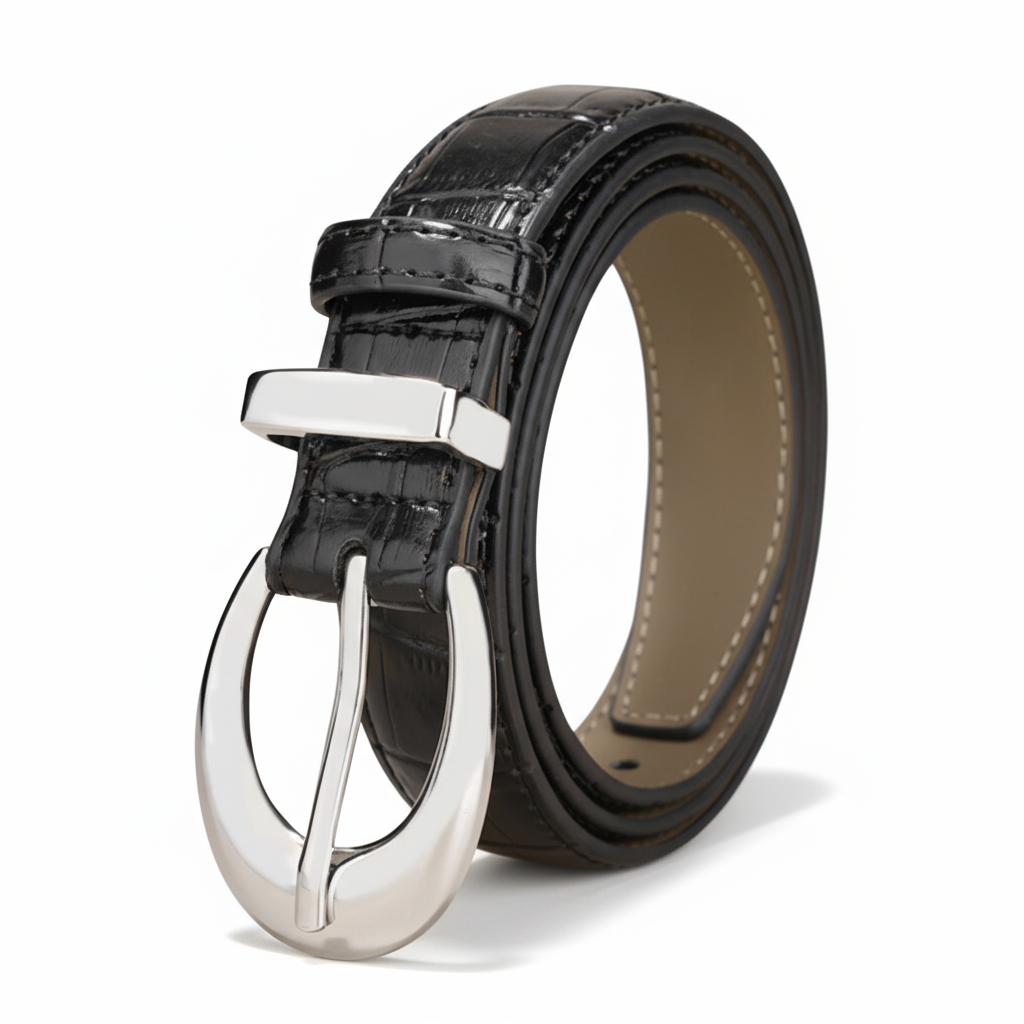 Ceinture fine pour femme Épine en cuir noir aspect crocodile brillant avec boucle ardillon argentée