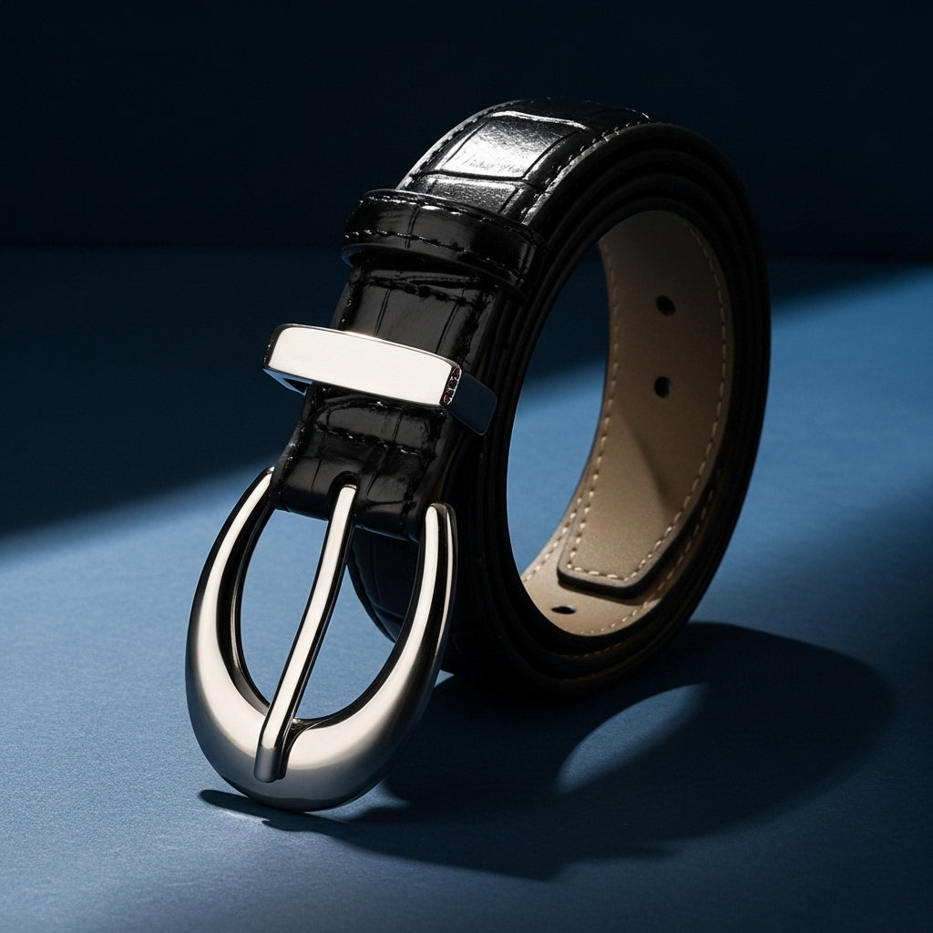 Ceinture Épine noire en cuir de vachette avec un effet crocodile brillant et une boucle ardillon argentée. #fullwidth