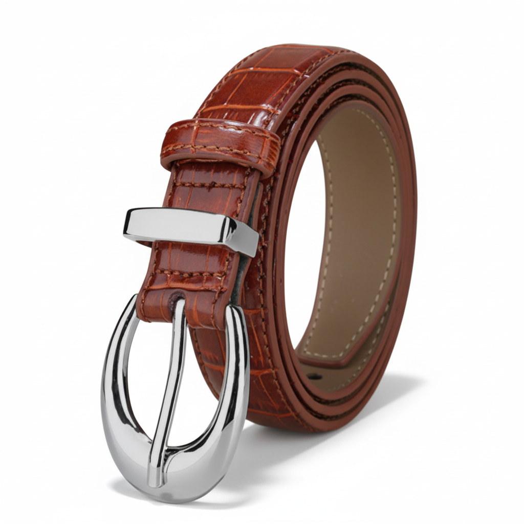 Ceinture fine Épine en cuir marron aspect crocodile brillant avec une boucle ardillon argentée et lisse.