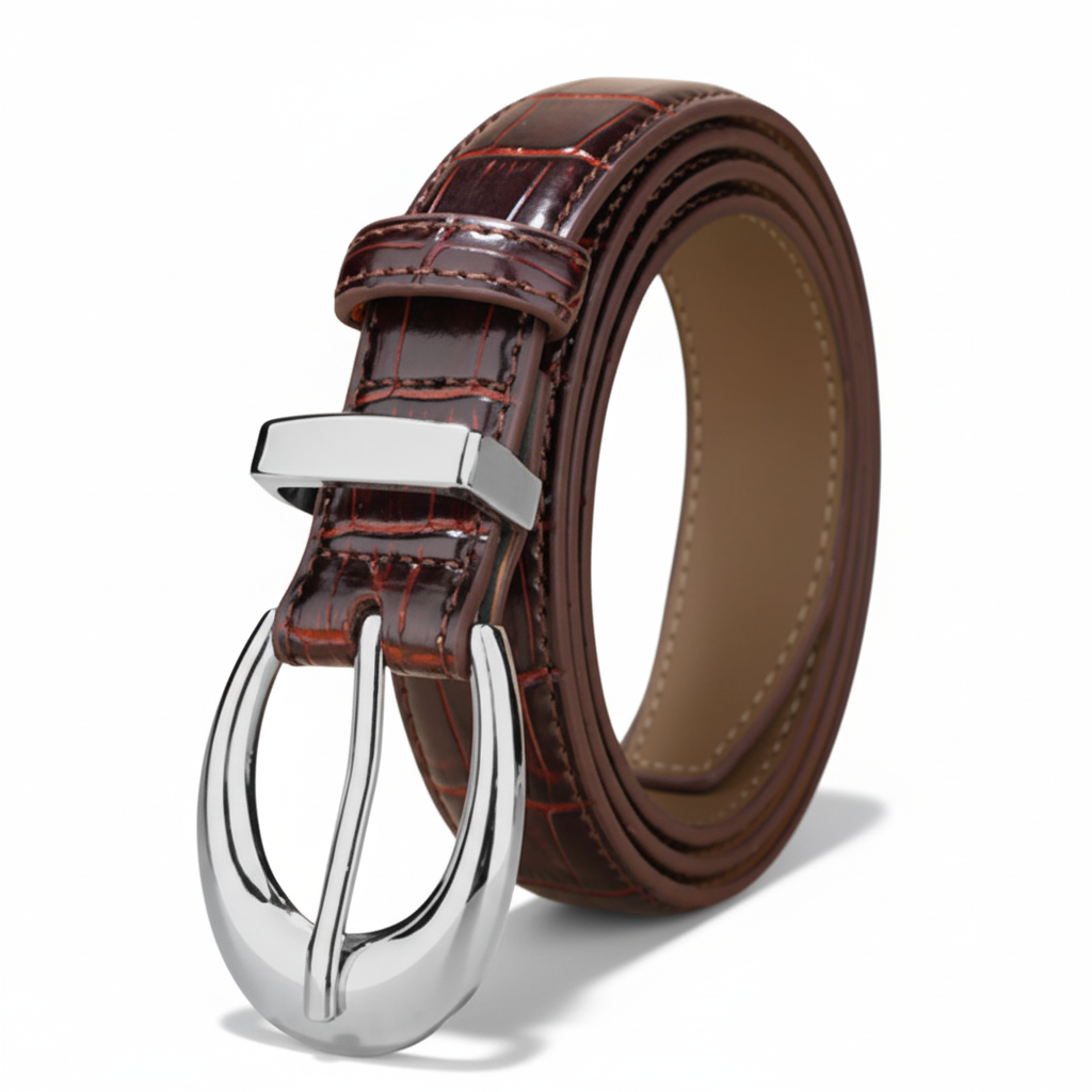 Ceinture fine Épine en cuir de vachette marron aspect crocodile brillant avec boucle ardillon argentée