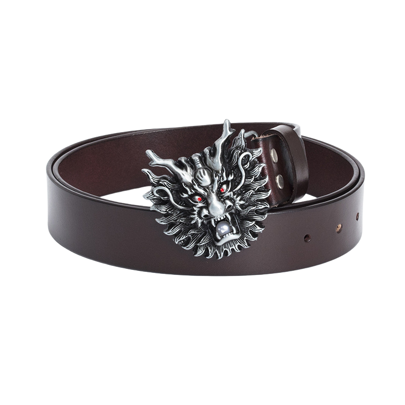 Ceinture Épine Noire 1 pour homme avec boucle tête de dragon argentée et yeux rouges, cuir marron.