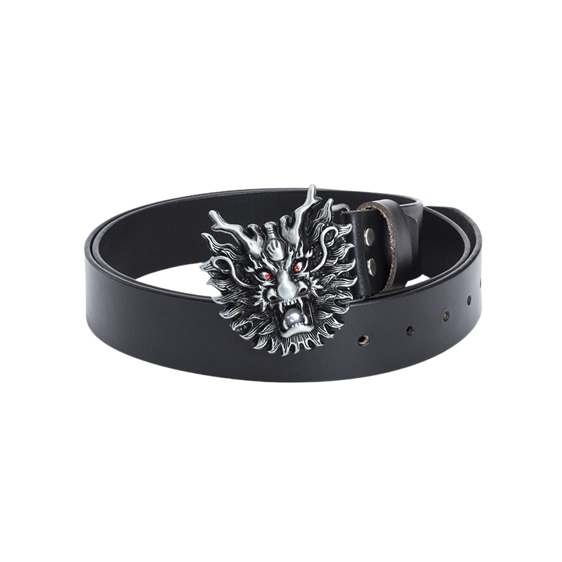 Ceinture Épine Noire 1 pour homme, cuir noir avec boucle argentée en forme de tête de dragon 3D aux yeux rouges.