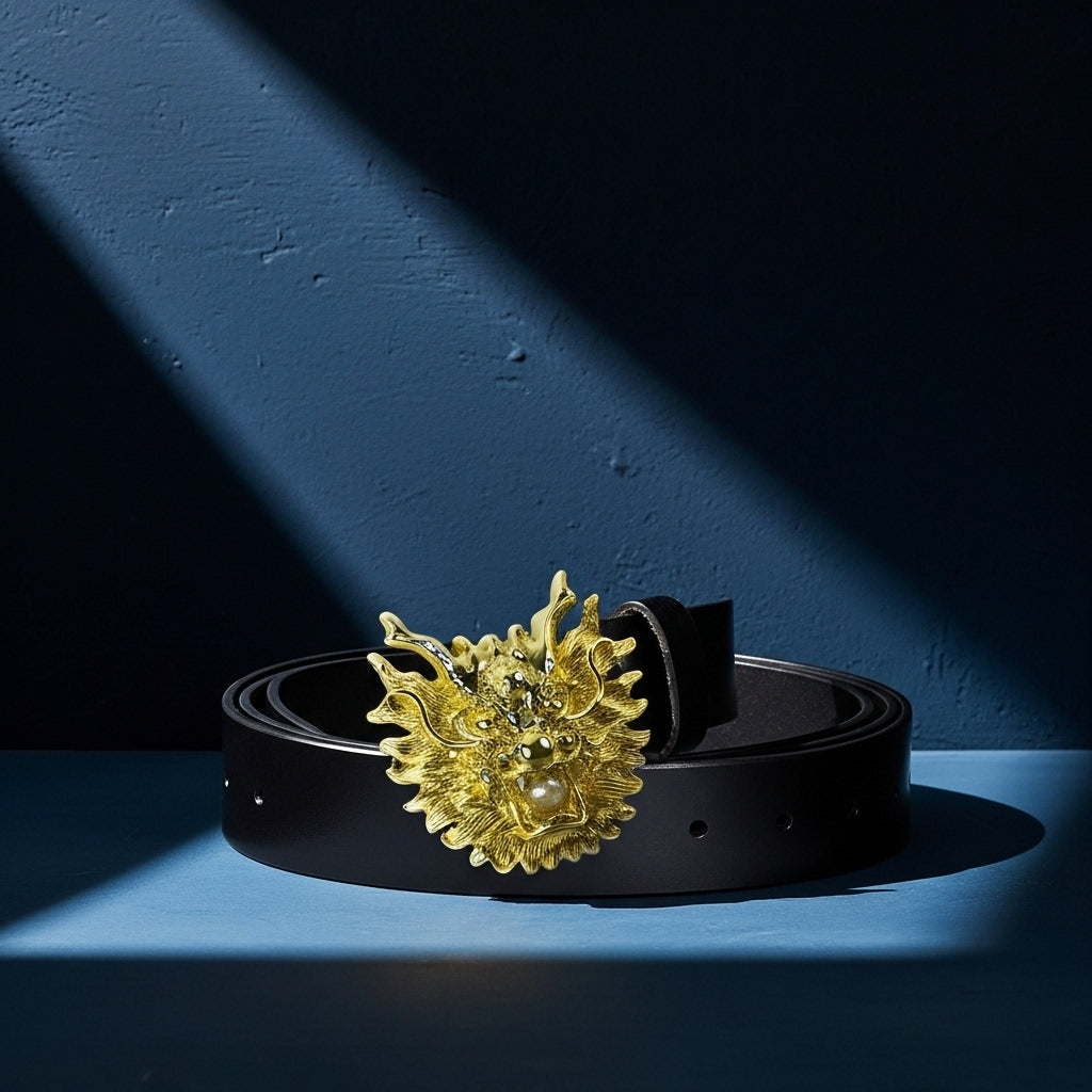 Ceinture Épine Noire 2 pour homme en cuir de vachette noir avec une boucle dorée en forme de tête de dragon 3D aux yeux rouges. #fullwidth