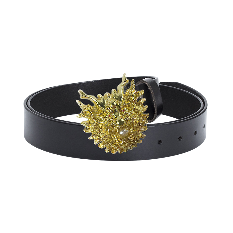 Ceinture Épine Noire 2 pour homme en cuir noir avec une boucle dorée en forme de tête de dragon 3D aux yeux rouges.