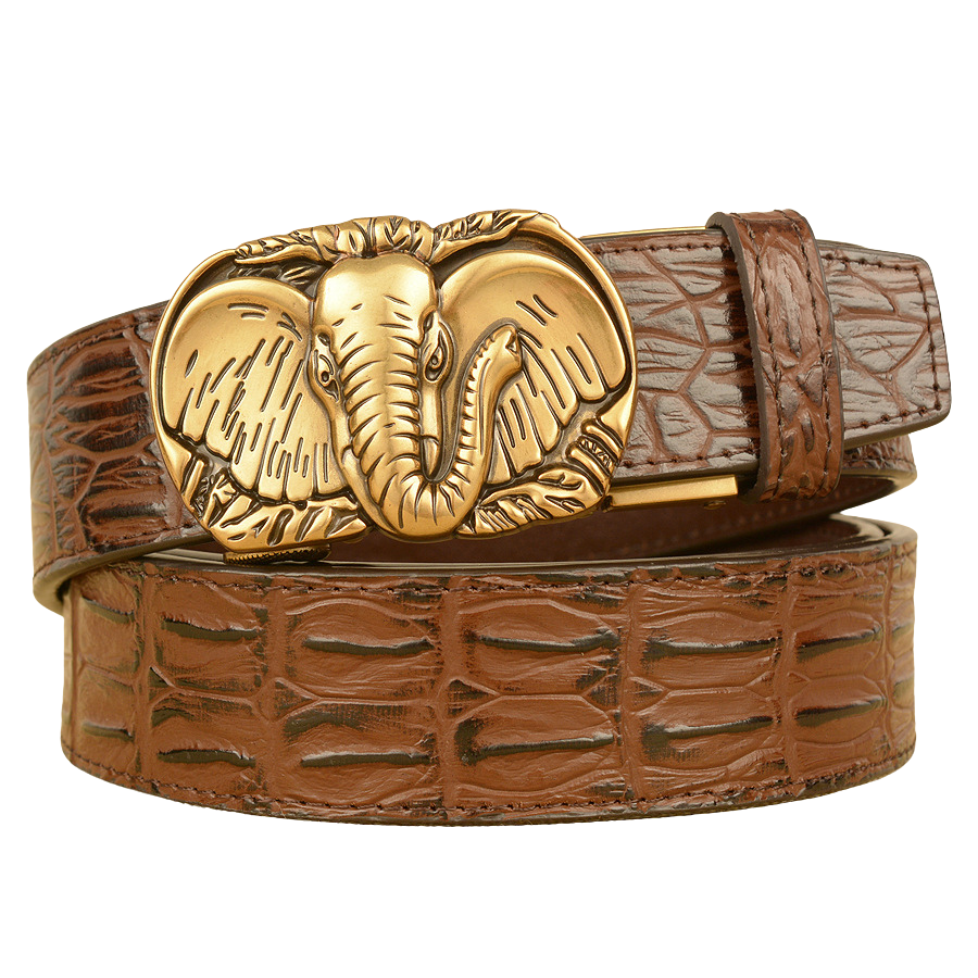 Ceinture homme Ernest marron en cuir avec texture crocodile embossée et boucle automatique dorée ornée d'une tête d'éléphant en relief.