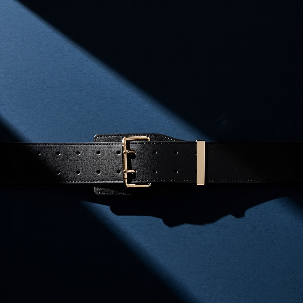 Ceinture noire Essence pour femme avec boucle dorée rectangulaire à double ardillon et finition daim lisse, largeur 6,5 cm. #fullwidth