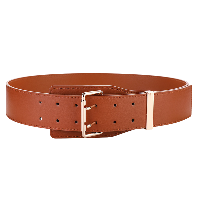 Ceinture femme Essence en cuir marron camel, largeur 6,5 cm, avec boucle double ardillon dorée et finition daim lisse.