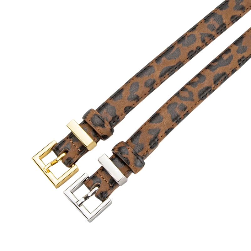 Ceinture fine Éternelle en cuir marron imprimé léopard avec boucle carrée dorée ou argentée