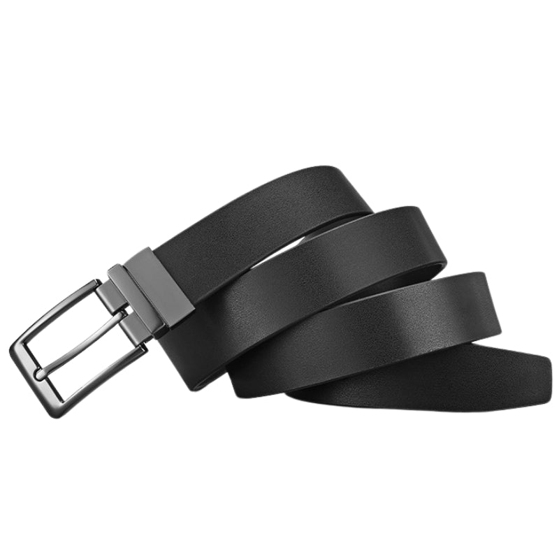 Ceinture homme Étienne noire en cuir de vachette refendu, avec boucle ardillon rectangulaire rotative réversible.