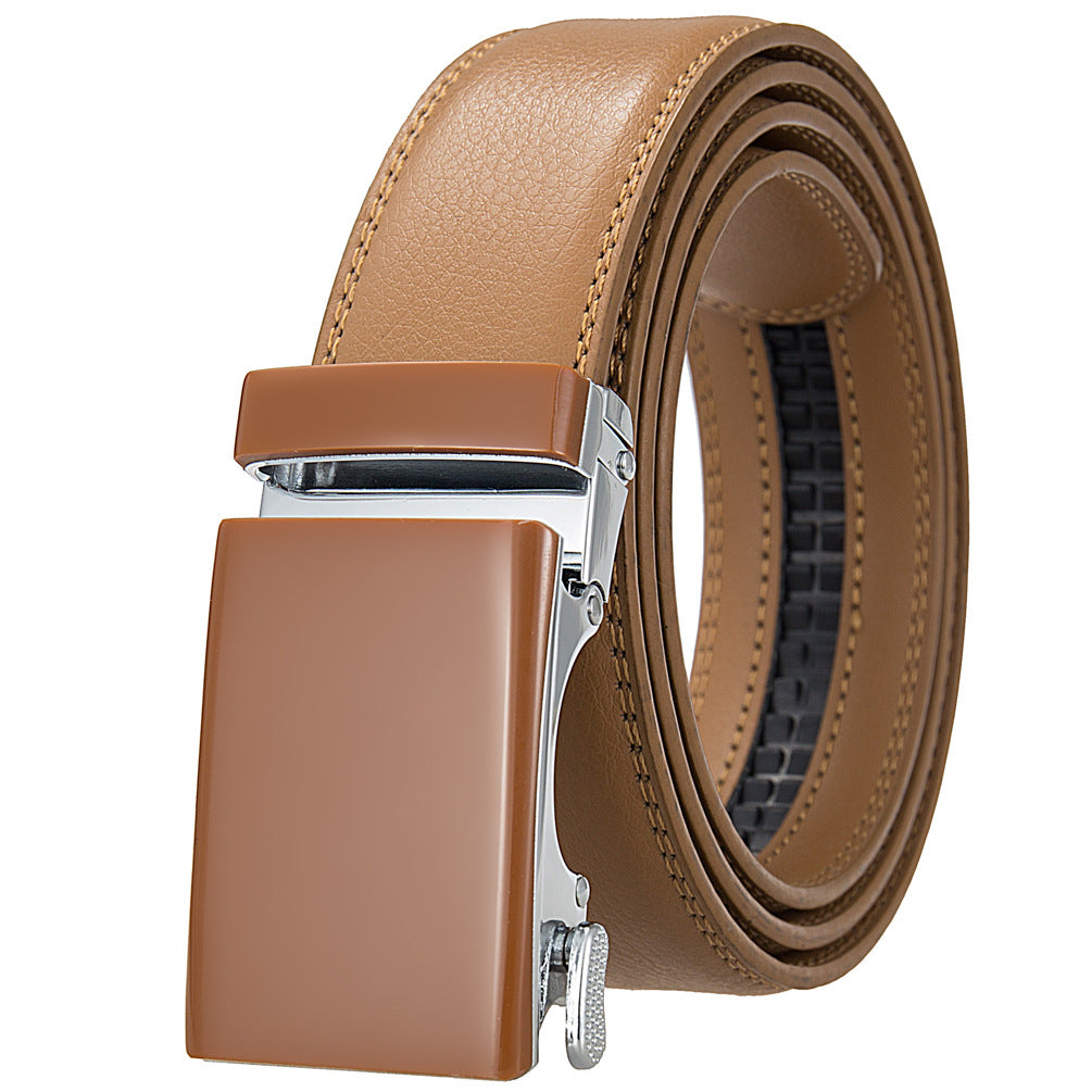 Ceinture Étoile 20 homme en cuir refendu beige avec boucle rectangulaire automatique mate et système de fermeture sans trous.