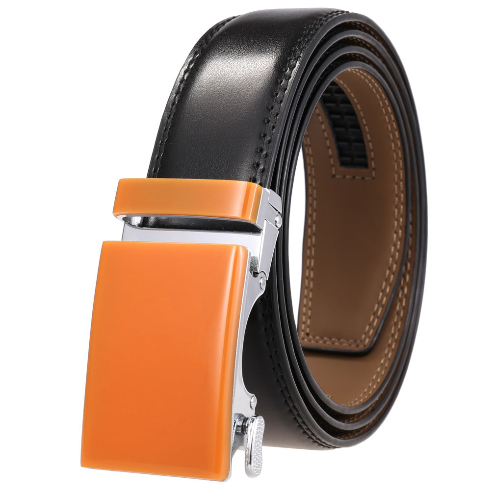 Ceinture Étoile 95 pour homme en cuir noir avec boucle rectangulaire automatique orange et argent.