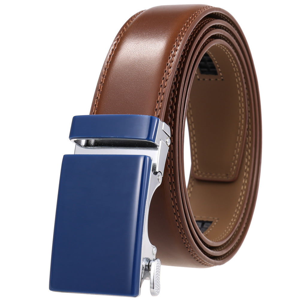 Ceinture pour homme Étoile 95 en cuir marron avec boucle automatique rectangulaire bleue mate et argentée #fullwidth