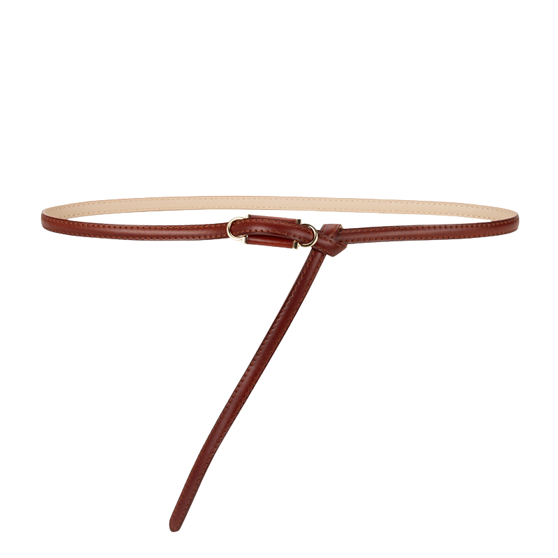 Ceinture fine Étoile en cuir bordeaux, sans boucle, avec un design à nouer et une petite boucle dorée pour ajuster la taille.