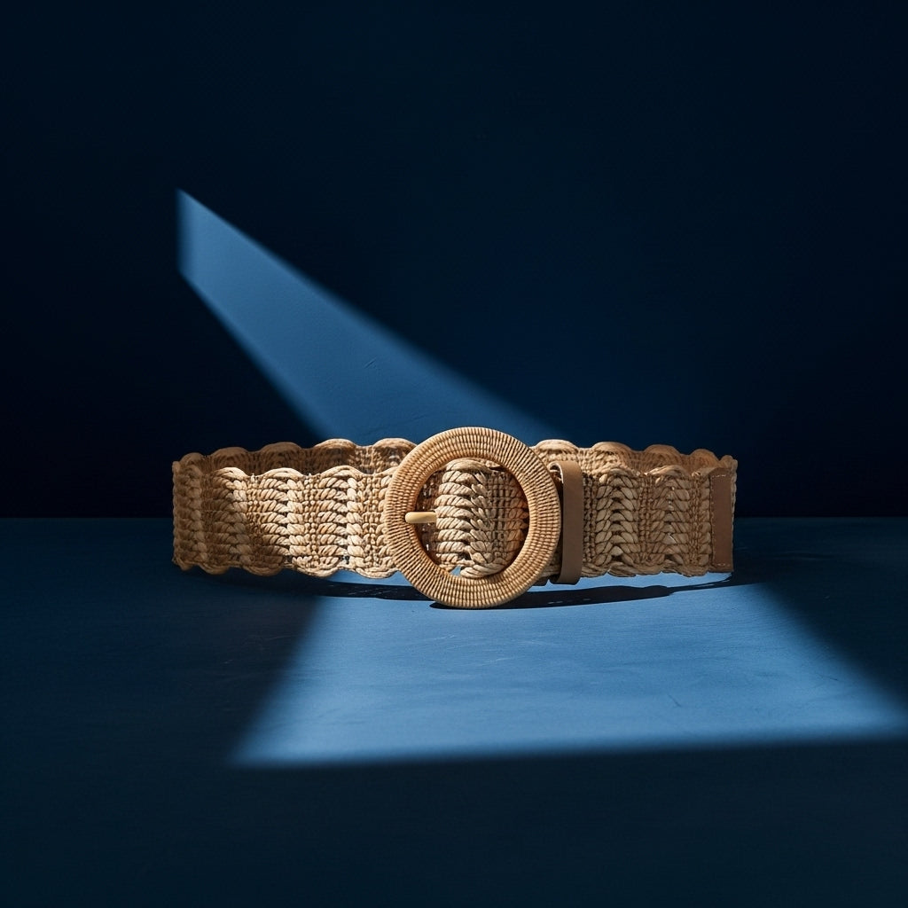Ceinture Eulalie en paille tressée beige avec boucle ronde décorative en plastique ton sur ton et bordure festonnée, largeur 4 cm. #fullwidth
