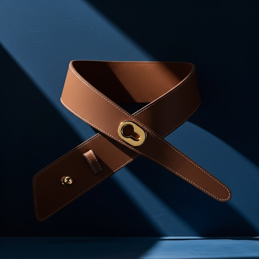 Ceinture Éva en cuir refendu marron avec boucle ovale dorée et bouton pression, largeur 4 cm, avec partie centrale élastique. Vue sur fond bleu #fullwidth