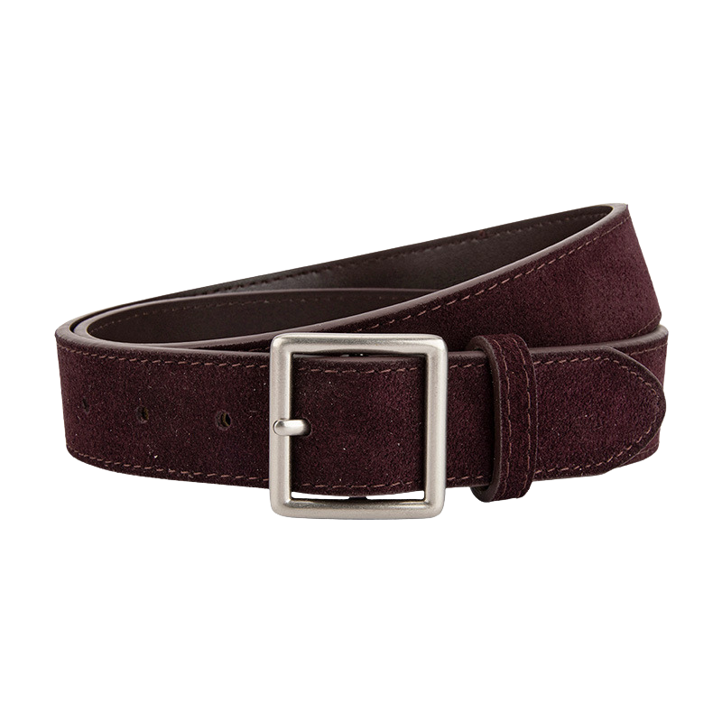 Ceinture Évangéline en cuir refendu effet daim bordeaux foncé avec boucle carrée argentée.