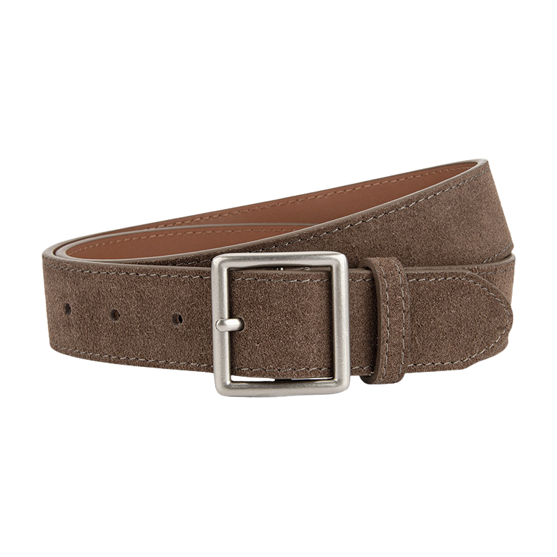 Ceinture femme Évangéline en cuir refendu marron clair effet daim, avec boucle carrée argentée. #fullwidth